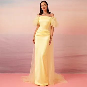 Элегантные Длинные вечерние платья из желтого атласа, украшенные бисером, длиной до пола, плиссированные тюлевые Мусульманские платья для выпускного вечера для женщин