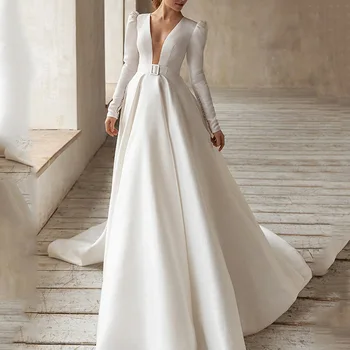 Вечернее платье Женское Белое атласное с длинным рукавом, Элегантное простое, с V-образным вырезом, плиссированное, со шлейфом, Роскошное Летнее платье для выпускного вечера, robees de soirée