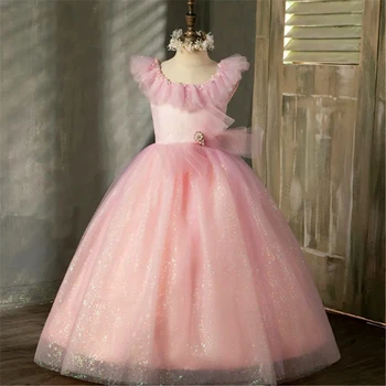 Платье с цветочным узором для девочек, розовое платье без рукавов из тюля с кружевным принтом, платья принцессы для первого причастия, подарок на день рождения для детей-сюрприз