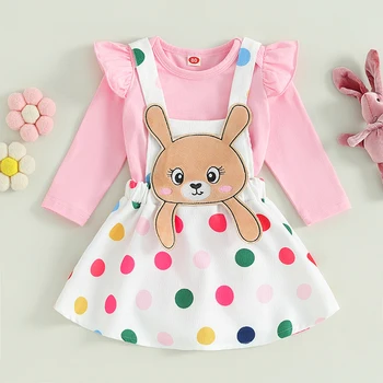 Пасхальные наряды для новорожденных девочек, комбинезон с длинными рукавами и оборками, юбка на подтяжках с кроликом, общее платье с кроликом, 0-18 м