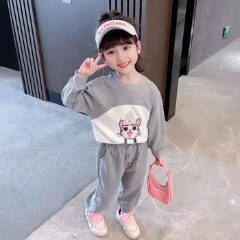 Весенне-осенний костюм для девочек в корейском стиле, детский свитер с длинными рукавами, повседневные брюки, комплект из двух предметов