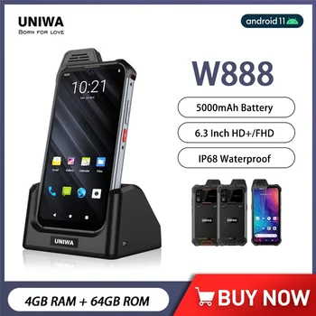 UNIWA W888 IP68 Водонепроницаемый 4G Смартфон Walkie Talkie 6,3 дюймов FHD / HD 4 ГБ + 64 ГБ Мобильные Телефоны 5000 мАч Andriod 11 NFC ATEX телефон
