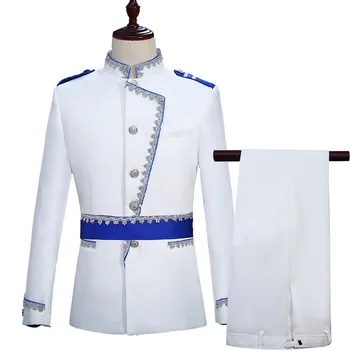 2023 Новый мужской костюм в белую и синюю полоску с серебряной каймой, комплект из 2 предметов, модное мужское рождественское платье со стоячим воротником, куртка и брюки