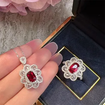 Высококачественный ювелирный набор с рубином, серьги из трех частей, кольцо, ожерелье, женский изысканный темперамент, Джокер оптом.